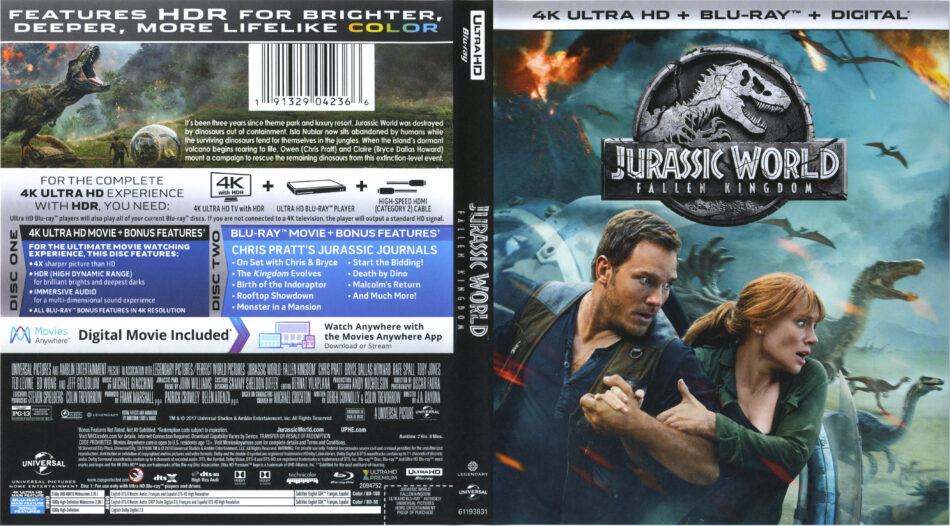 Jurassic World Fallen Kingdom 2017 R1 4k Blu Ray Cover