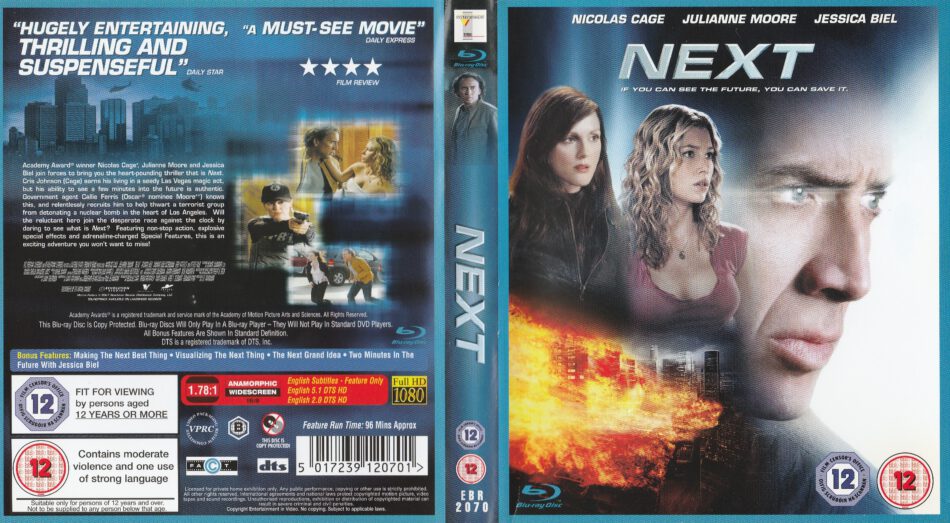 Next 2007 R2 Blu Ray Cover Label Dvdcover Com Next is a 2007 film, about a stage magician, cris johnson, who actually perceives and experiences events in his own potential futures, but usually no more than two minutes before they could occur. next 2007 r2 blu ray cover label