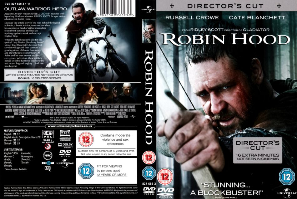 Robin Hood (2010) DC R2 - Movie DVD - CD Label, DVD Cover, Front Cover